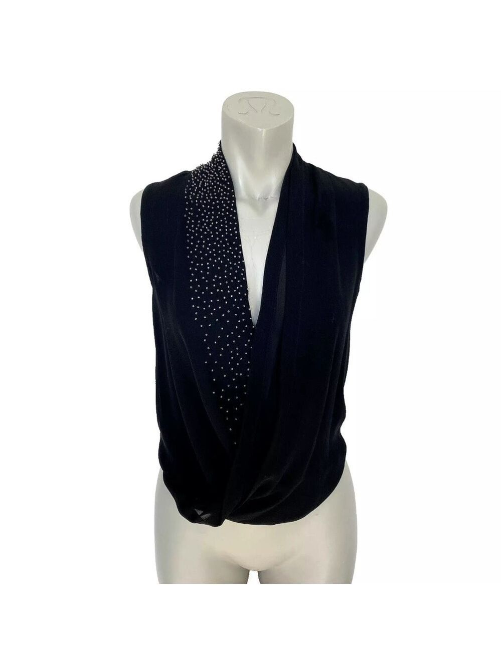 Aritzia Babaton Size XXS 100% Silk Black Beaded Sleeveless Blouse Top